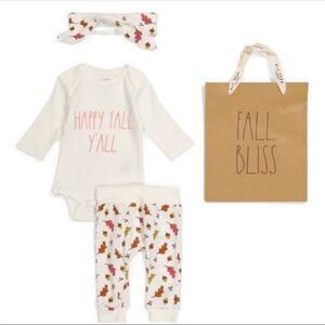 Rae Dunn Baby “Happy Fall Y’all” 3-Piece Outfit Set Pants, Headband & Gift Bag